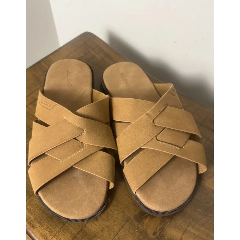 ALDO Men’s Size 7 Tan Woven Strappy Slide Sandals Casual Slip On